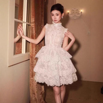 2025 Eyelash Lace Ponpong Dress Half-High Collarless Ponmp Princess Dress